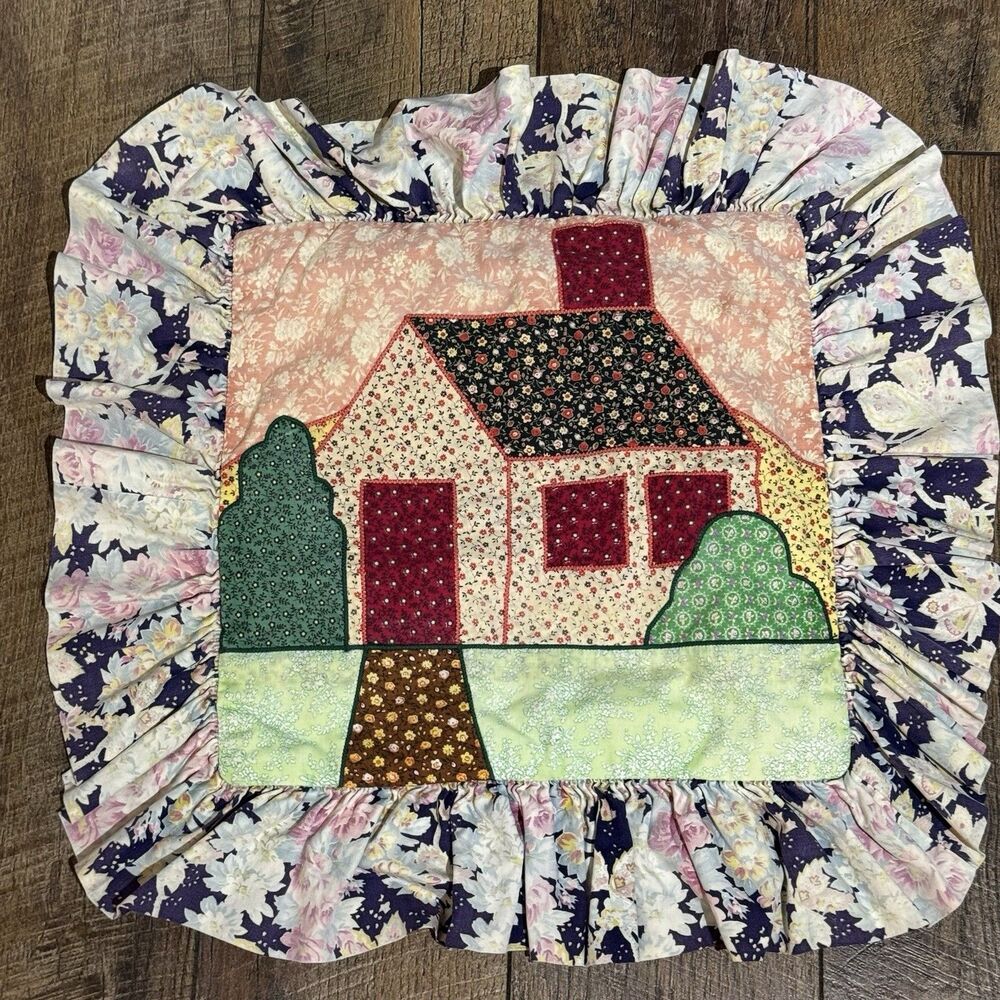 2 VTG Handmade Quilted House Pillow Cover Ruffled Floral Cottagecore Farmhouse